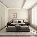 Modern Bedroom With Beige Bed Pendant Lights Green Painting Light Carpet And Green Accent Chair
