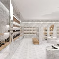 Modern Shopping Mall Counter Interior With Marble Display Shelves And Product Arrangement