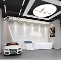 Car Dealership Showroom Featuring Yellow Sports Car With Open Doors And Reception Area