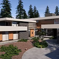 Modern House Park Landscape With Trees Lawn Stone Pathway Small Pond And Greenery