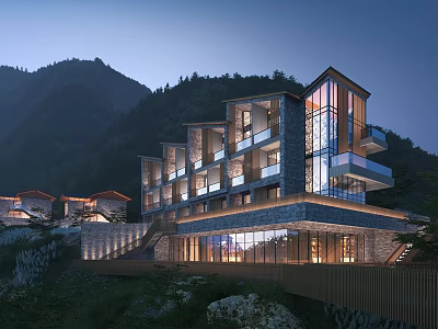 Modern Mountain Guesthouse Building With Glass Curtain Walls Illuminated Terraces And Lush Greenery 3d model