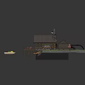 Scenic Rustic Log Cabin With Wooden Deck Dock And Small Boat By Water