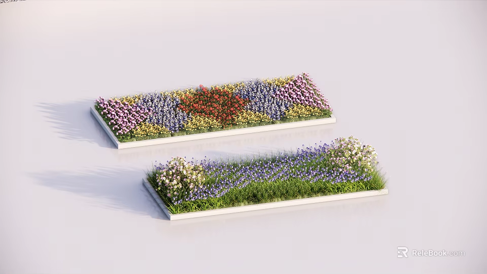 Colorful Rectangular Flower Planter Beds With Mixed Flowers And Green Grass 3d model 
