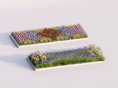 Colorful Rectangular Flower Planter Beds With Mixed Flowers And Green Grass 3d model