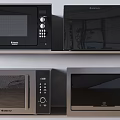 Various models of microwaves displayed as modern household appliances in kitchen