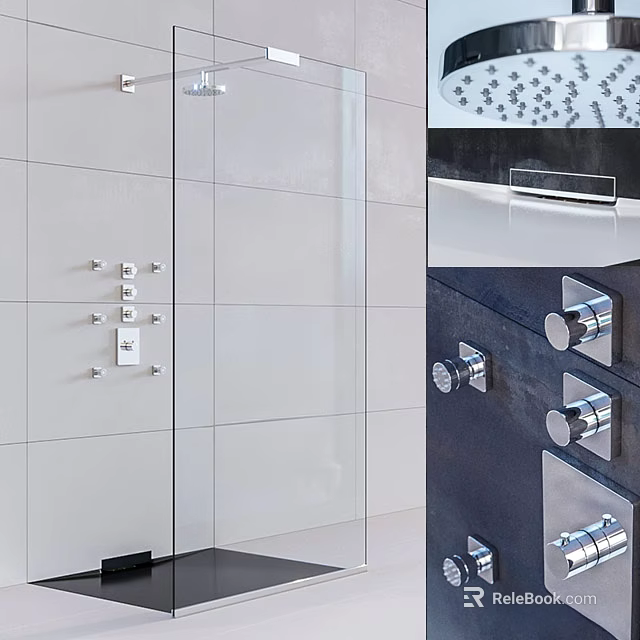 Modern Shower Heads In Bathroom Interior With Chrome Control Knobs And White Tile Walls 3d model