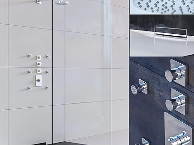 Modern Shower Heads In Bathroom Interior With Chrome Control Knobs And White Tile Walls 3d model