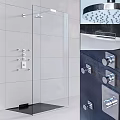 Modern Shower Heads In Bathroom Interior With Chrome Control Knobs And White Tile Walls 3d model
