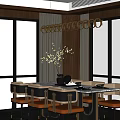 Elegant Modern Restaurant Dining Area With Golden Ring Chandelier Marble Table Chairs And Flower Vase