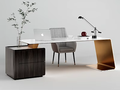 Modern Desk With Grey Chair Laptop Desk Lamp Red Apple Plant And Golden Frame Design 3d model