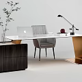 Modern Desk With Grey Chair Laptop Desk Lamp Red Apple Plant And Golden Frame Design
