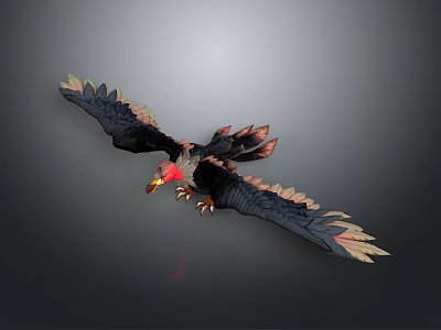 Mythical Bird Flying With Spread Wings Black Feathers Red Head Yellow Beak Sharp Claws 3d model