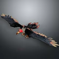 Mythical Bird Flying With Spread Wings Black Feathers Red Head Yellow Beak Sharp Claws