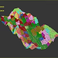 3D Terrain Model with Purple Pink Mountains Valleys and Central Pink River