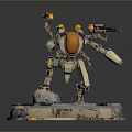 Mechanical Robot Character With Golden Head And Weapons On Circular Base 3d model
