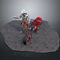 Man in Silver Armor With Helmet Holding Gun Near Red Motorcycle on Gray Rocky Platform