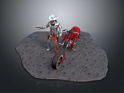 Man in Silver Armor With Helmet Holding Gun Near Red Motorcycle on Gray Rocky Platform 3d model