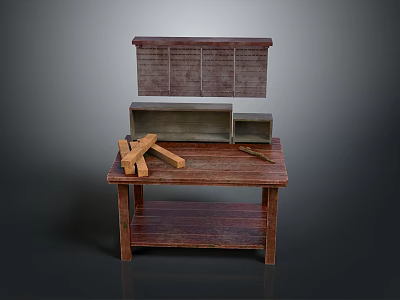 Rustic Wooden Table with Open Storage Box and Small Wooden Pieces on Top 3d model