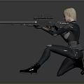 Blonde Woman in Black Combat Suit Holding Sniper Rifle in Crouching Position with Dark Background