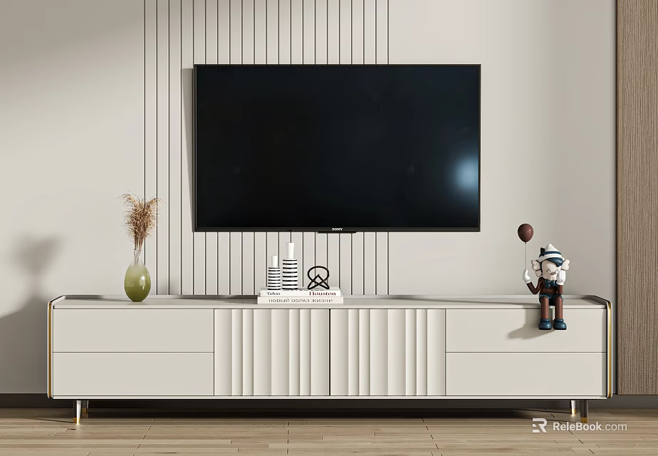 Modern White TV Stand With TV Mounted And Decorative Items On Top 3d model 