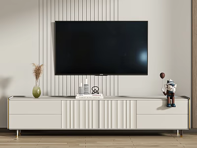 Modern White TV Stand With TV Mounted And Decorative Items On Top 3d model