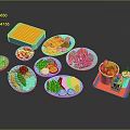 Assorted Food Plates With Fries Salad Skewers Vegetables Sauces And Red Container