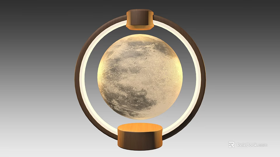 Modern Moon Shaped Table Lamp With Circular Light Ring And Wooden Base 3d model 