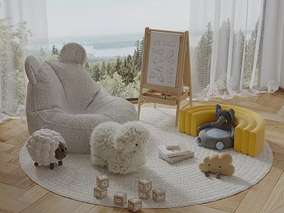 Cozy Kids Room Interior With Plush Chair Easel Sheep Toys Wooden Blocks And Round Rug 3d model