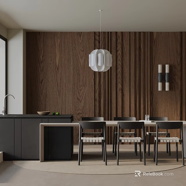 Modern Dining Table Set With Black Chairs Wooden Wall And Pendant Light 3d model 