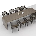 Elegant Dark Wood Dining Table Set With Rectangular Table Woven Design Chairs Decorative Vase Plant 3d model