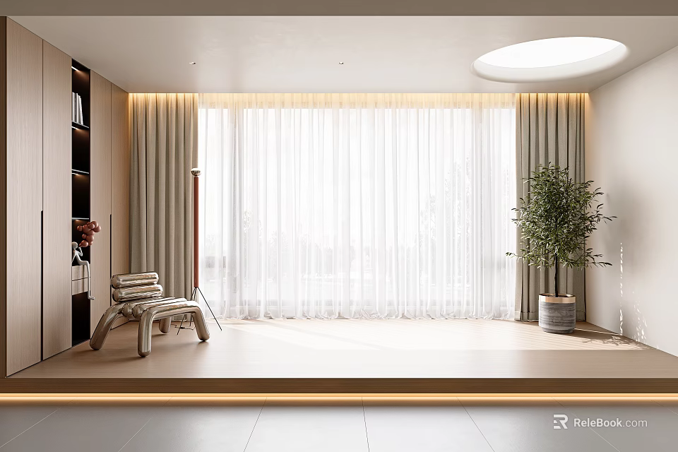 White Curtains in Modern Interior with Floor to Ceiling Windows and Potted Plant 3d model 