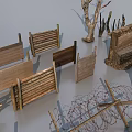 Public Facilities Components Featuring Wooden Benches Metal Railings Street Lamps and Signage
