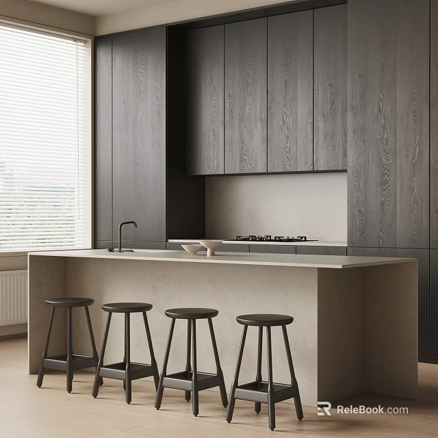 Modern Kitchen Interior With Bar Counter Light Colored Top Dark Wood Cabinets And Black Stools 3d model 