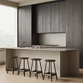 Modern Kitchen Interior With Bar Counter Light Colored Top Dark Wood Cabinets And Black Stools