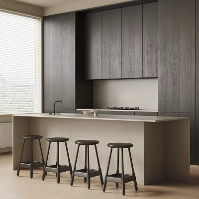 Modern Kitchen Interior With Bar Counter Light Colored Top Dark Wood Cabinets And Black Stools 3d model