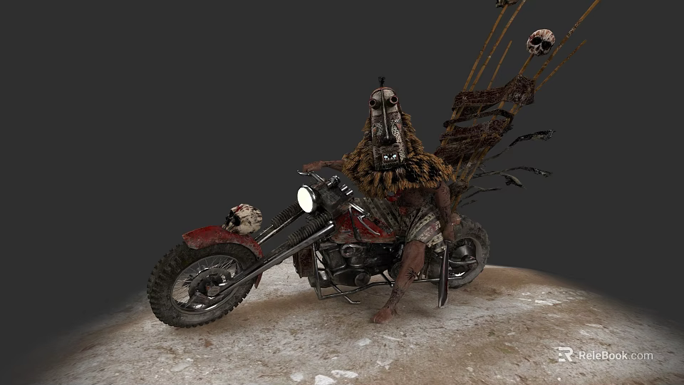 Decorative Motorcycle With Skull Accents And Warrior Figure On Gray Background 3d model 