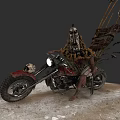 Decorative Motorcycle With Skull Accents And Warrior Figure On Gray Background