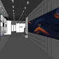 Modern Hi tech Exhibition Hall Interior With Large Mural And Grid Patterned Walls
