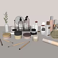 Stylish Display of Perfume and Cosmetics with Bottles Jars Makeup Brushes and Green Leaf Decor