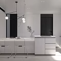 Modern Restaurant Interior With White Cabinets Marble Countertops Dining Table Metal Chairs And Pendant Lights