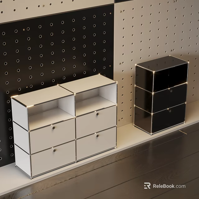White and Black Chest of Drawers With Multiple Drawers Open Compartments and Polka Dot Walls 3d model 