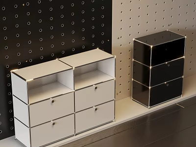 White and Black Chest of Drawers With Multiple Drawers Open Compartments and Polka Dot Walls 3d model