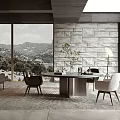 Modern Open Restaurant Interior Featuring Large Windows Stone Wall Dining Table And Mountain View 3d model