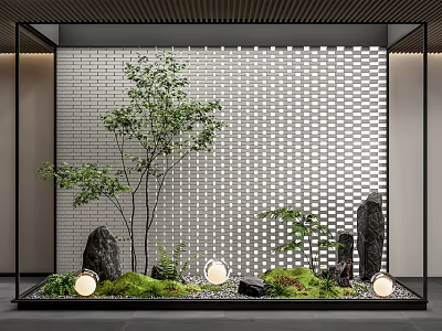 Karesansui Garden Design With Stones Moss Small Plants Latticed Wall And Soft Lighting 3d model