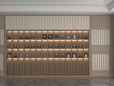 Wooden Storage Cabinet Shelf With Multiple Layers Holding Tea Sets And Lighting Strips 3d model