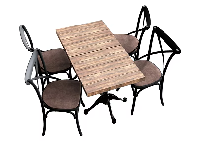 Wooden Tabletop Dining Table Set With Black Metal Frame And Brown Padded Chairs 3d model