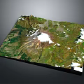 Detailed 3D Terrain Model Showcasing Volcanic Mountain Peak With Snow Covered Summit And Green Vegetation
