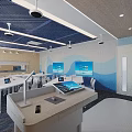 Modern Classroom Interior With Blue Ceiling White Tables Chairs And Screens
