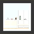 Cartoon Kitchen Scene Featuring Blue Walls Wooden Cabinet Refrigerator Sink Table And Mat