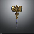 Ornate Golden And Blue Hammer Weapon With Circular Decorative Head And Intricate Handle Structure